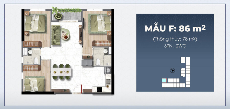 Bảng giá căn hộ Bcons Center City 2 phòng ngủ 86m2