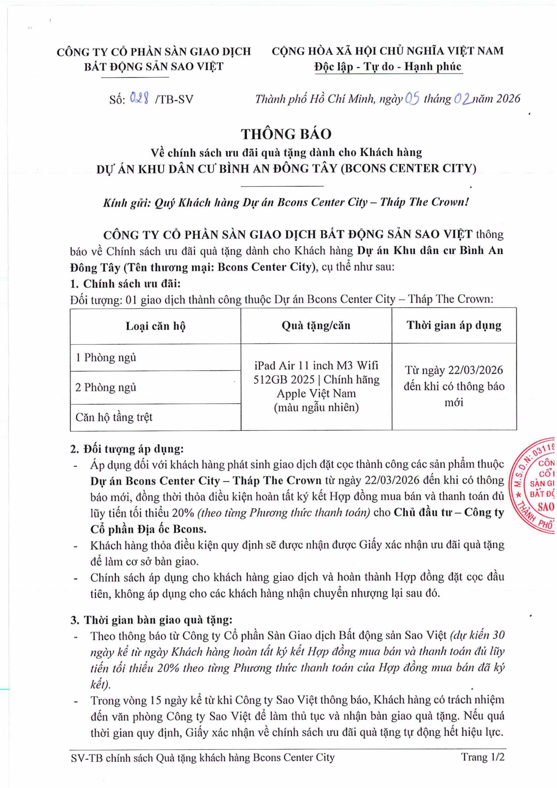 028.TB-SV 2026 TB ưu đãi quà tặng khách hàng DA Bcons Center City - Tháp The Crown-hình ảnh-0